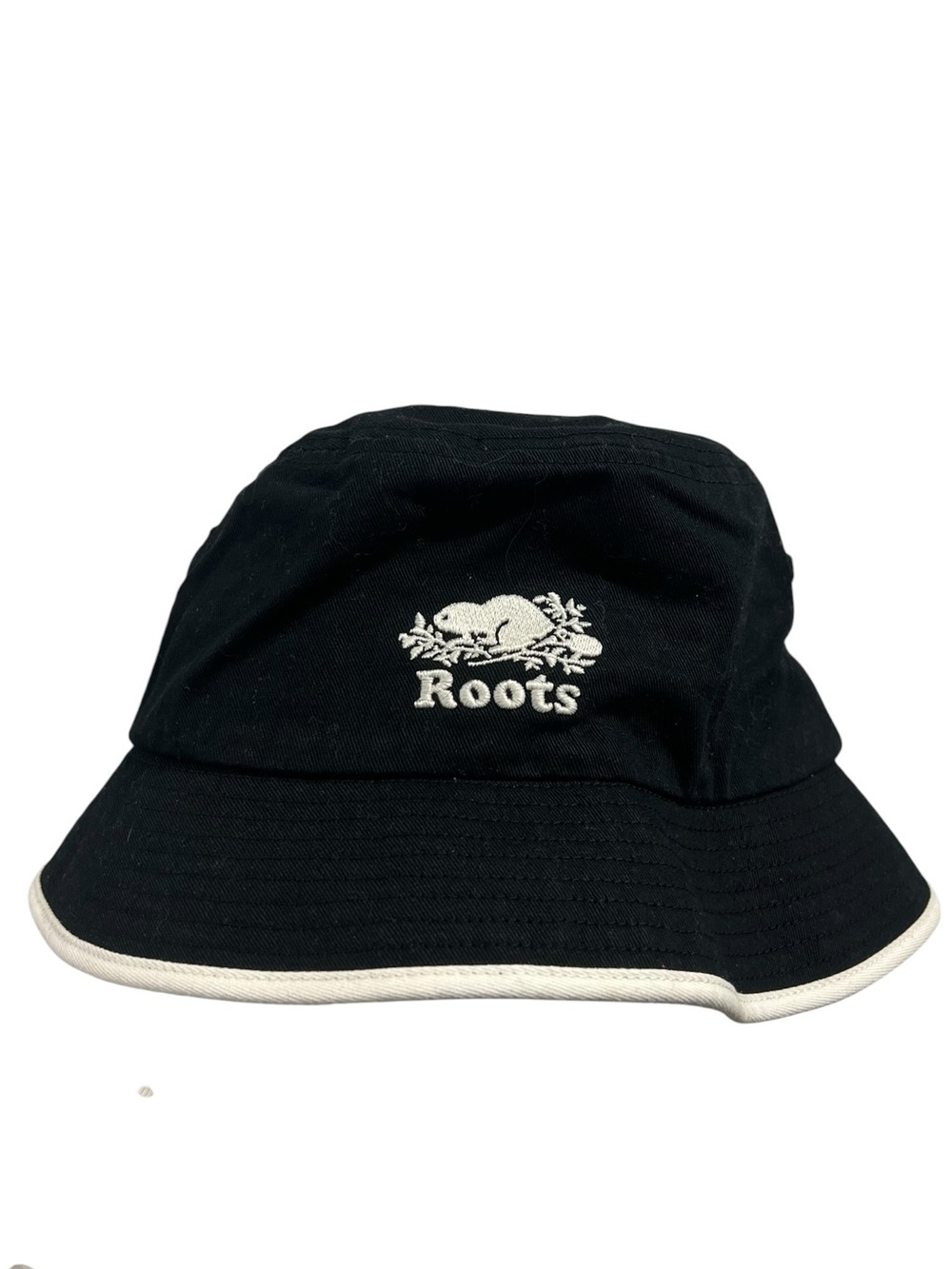 Roots Kids/Womens Black Bucket Hat with White Trim and Embroidered Logo